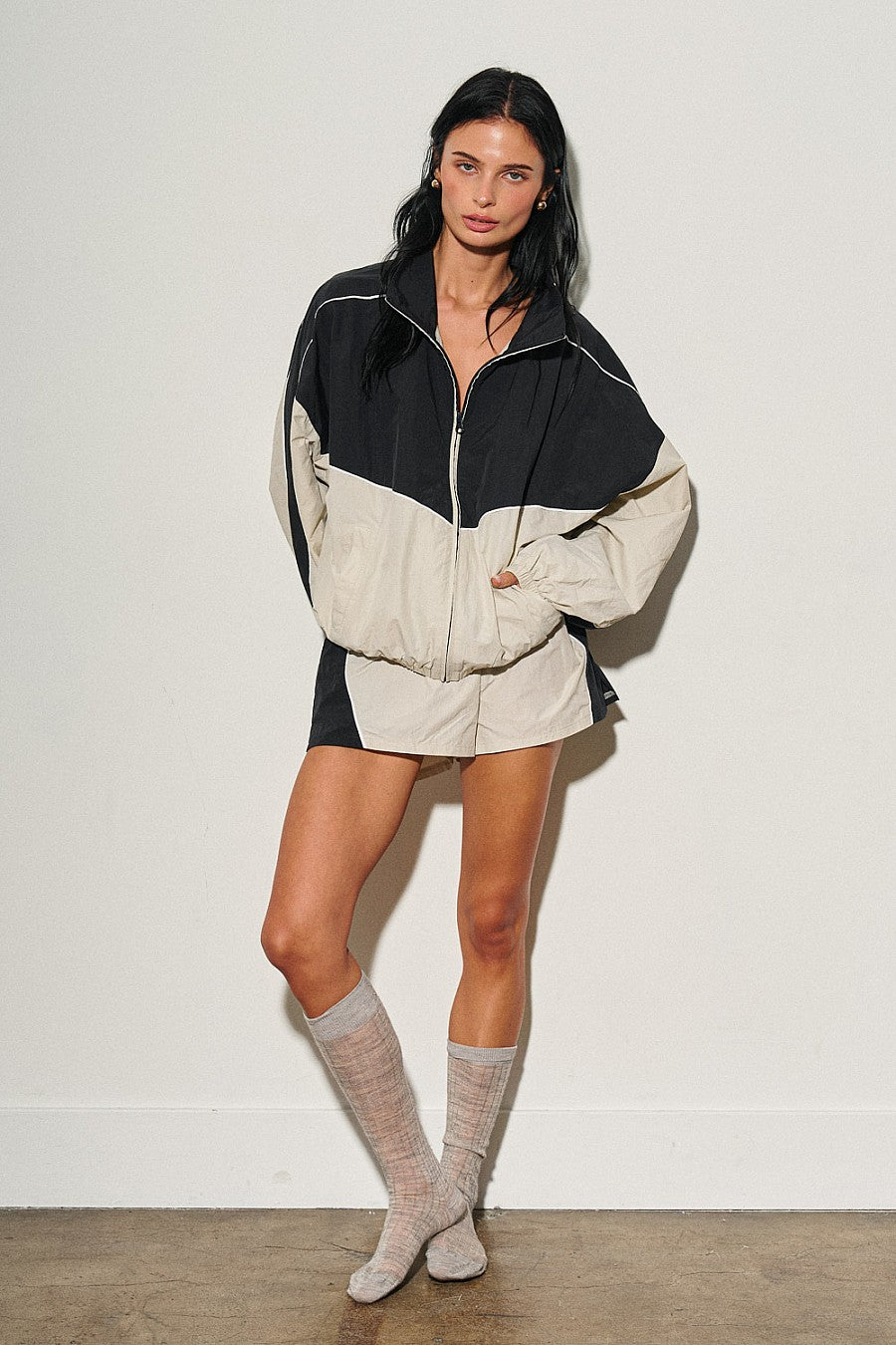 Woven Color Block Full-Zip Windbreaker Jacket — Navy/Mist