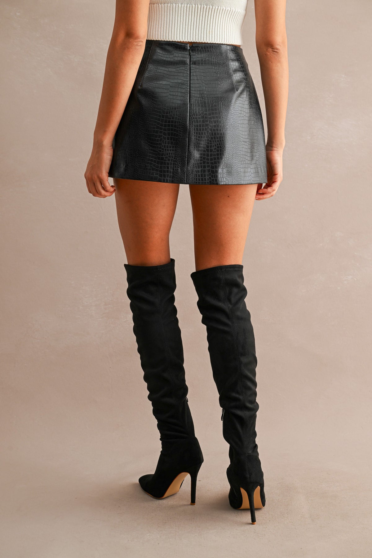 Faux Croc Skin Leather Mini Skort — Black