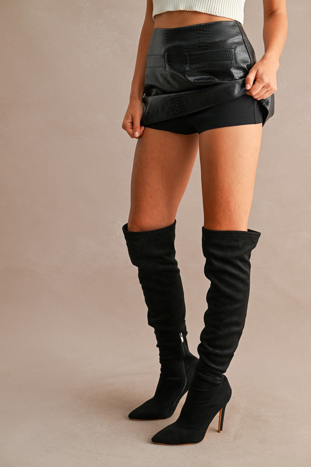 Faux Croc Skin Leather Mini Skort — Black
