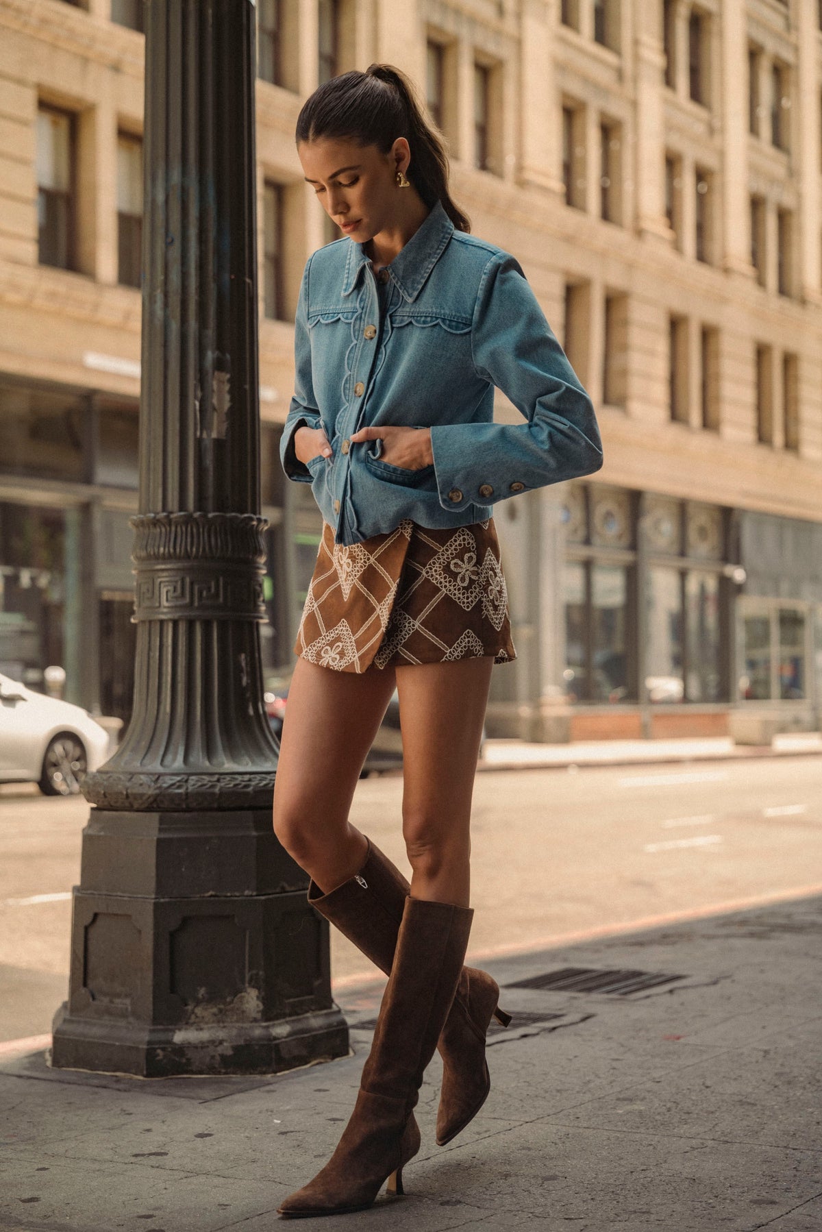 Paisley Suede Skort — Brown