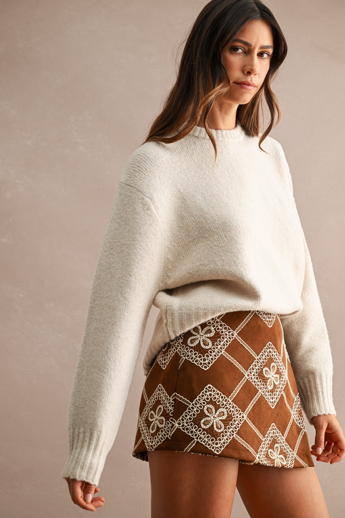 Paisley Suede Skort — Brown