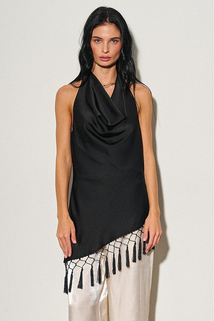 Woven Asymmetrical Fringe Halter Top — Black