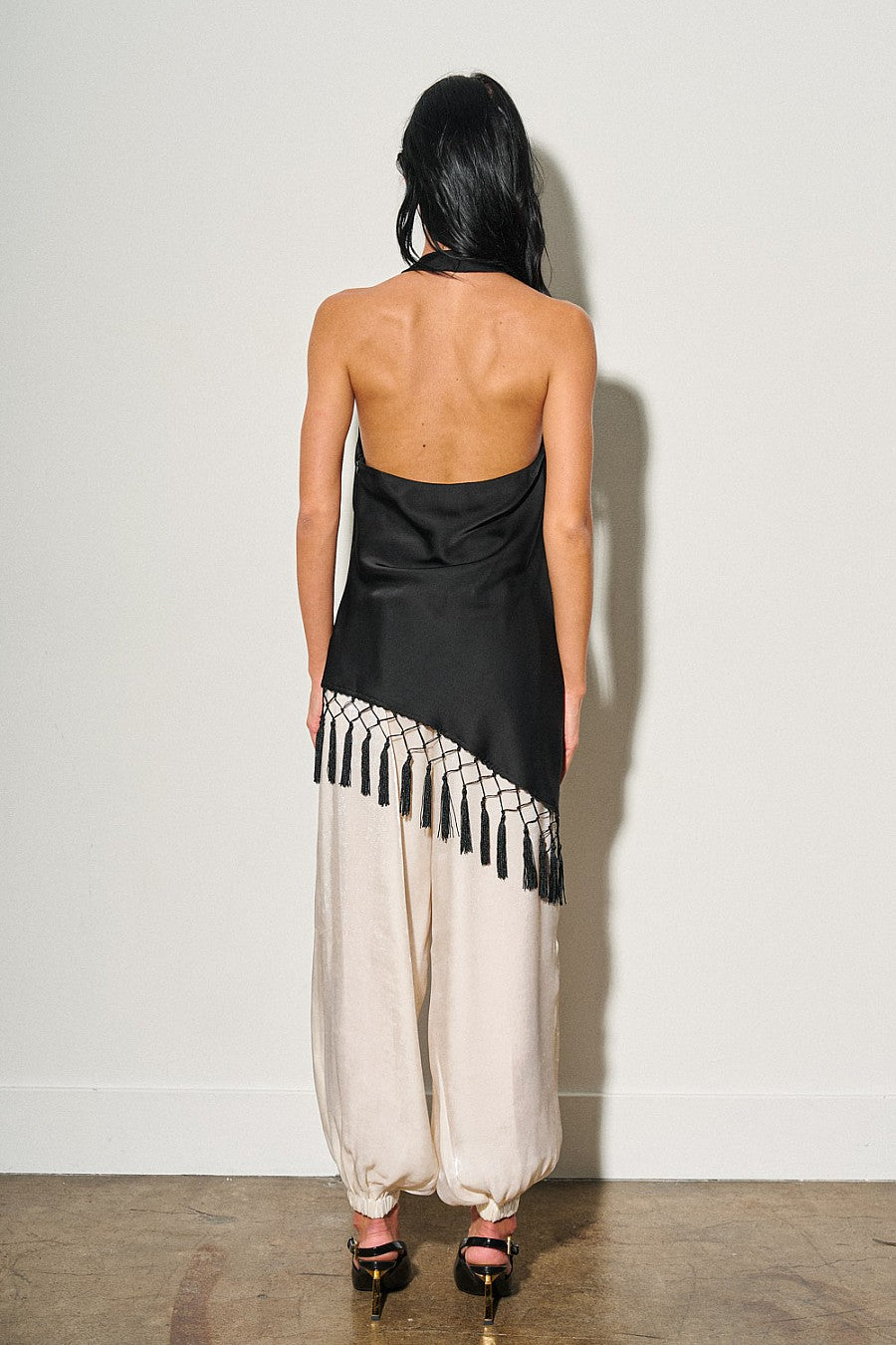 Woven Asymmetrical Fringe Halter Top — Black
