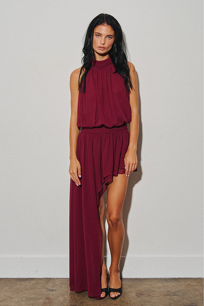 Asymmetric Chiffon Mini Dress — Bordeaux