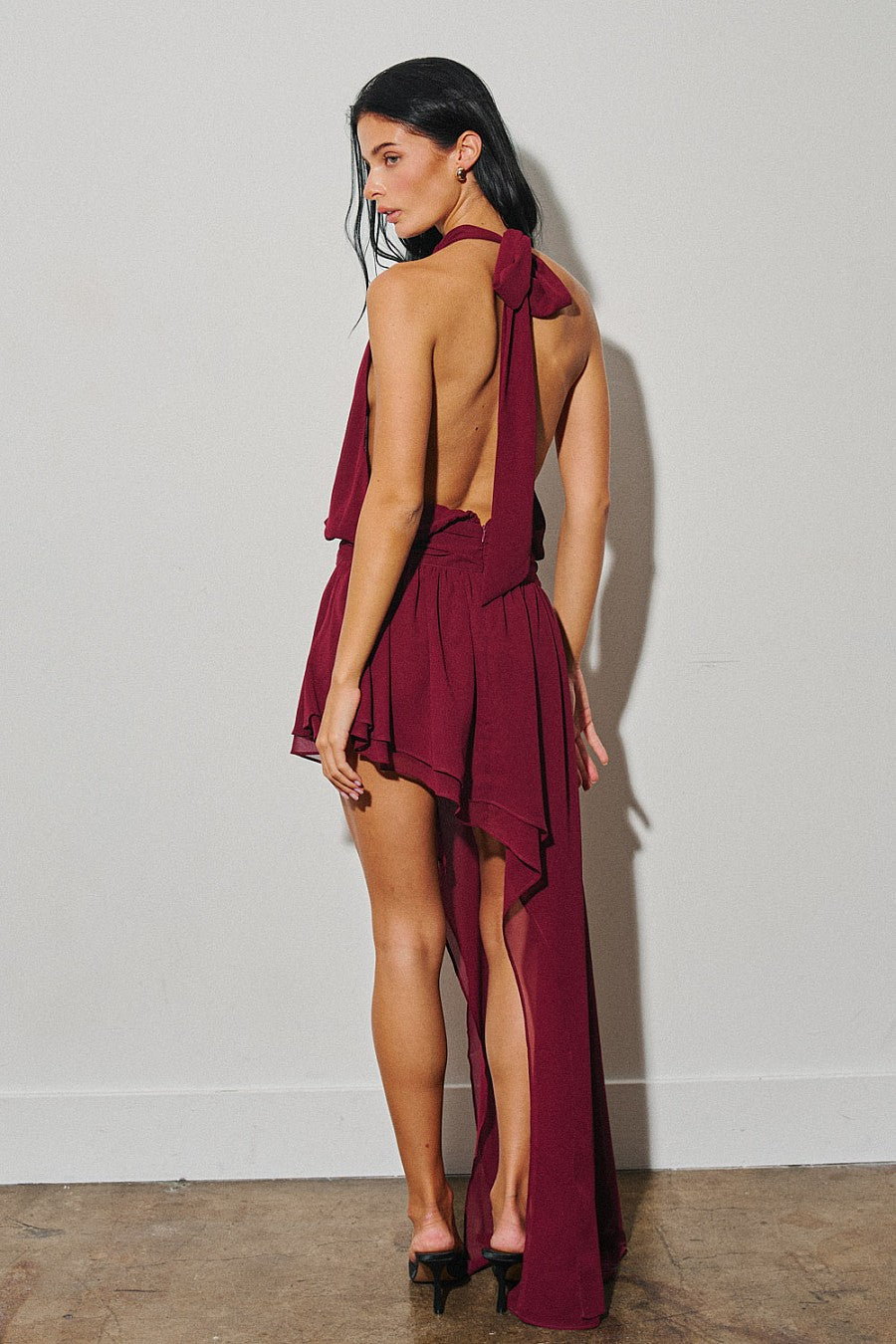 Asymmetric Chiffon Mini Dress — Bordeaux