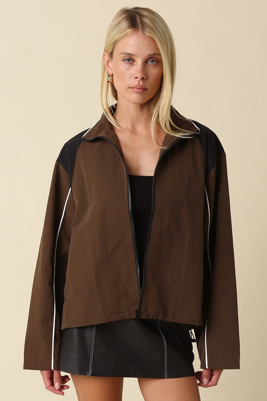 Eloise Contrast Panel Zip-Up Jacket — Brown Black