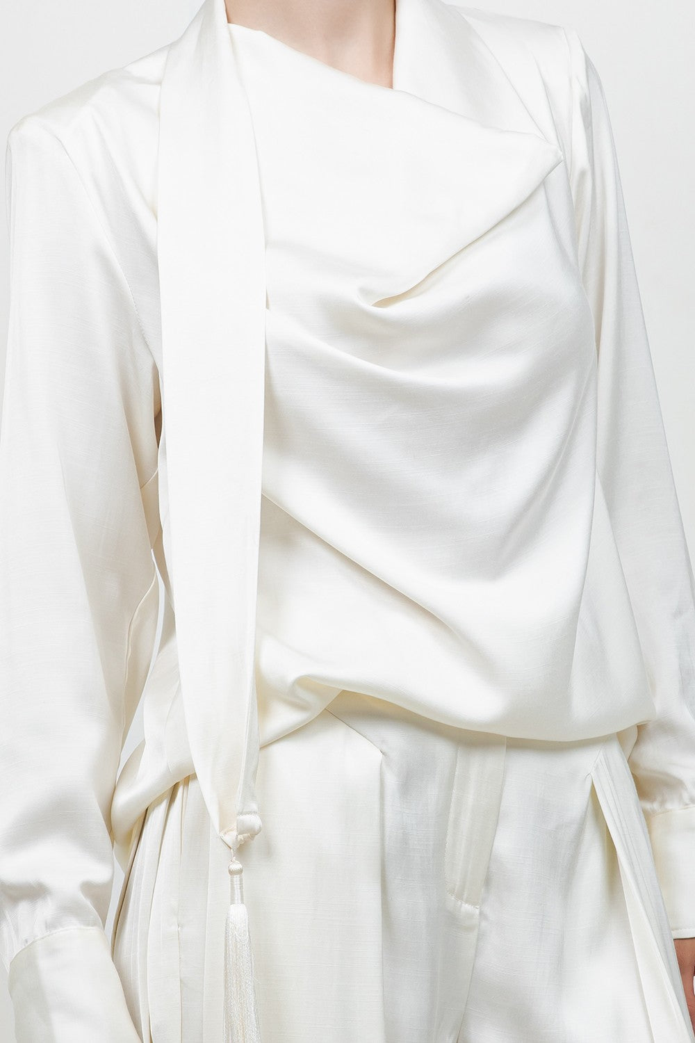Soft Woven Blouse with Attached Tassel Trim Scarf — Ivory