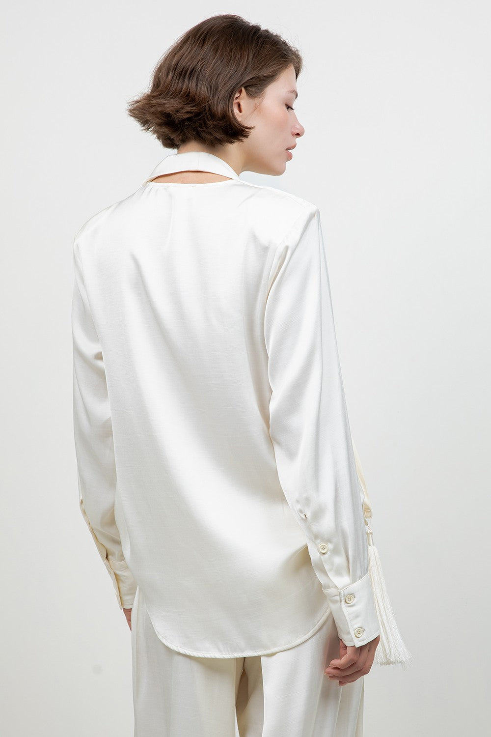 Soft Woven Blouse with Attached Tassel Trim Scarf — Ivory