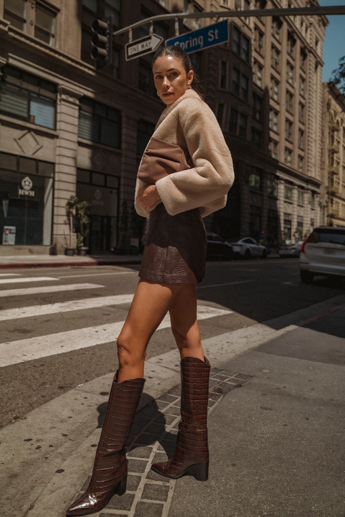 Faux Croc Skin Leather Mini Skort — Chocolate Brown