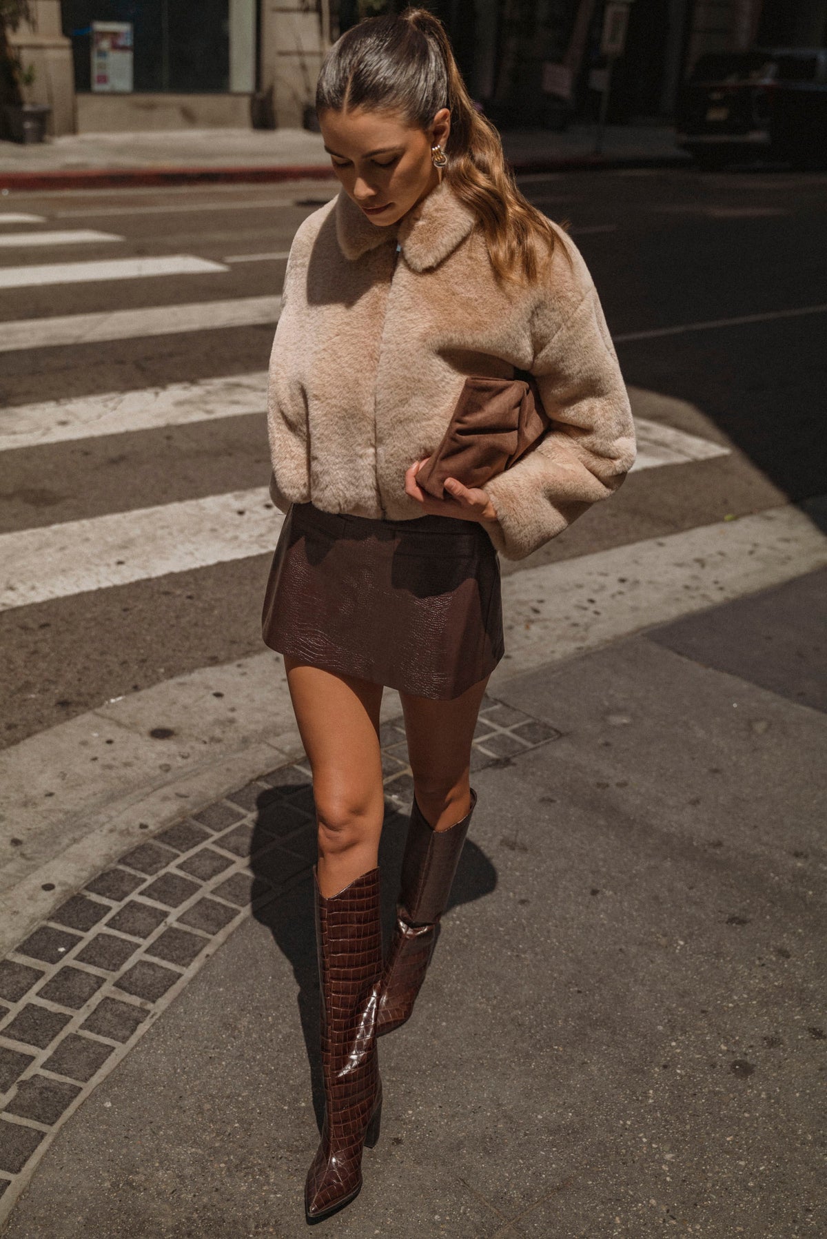 Faux Fur Pleated Cropped Jacket — Lt Mocha