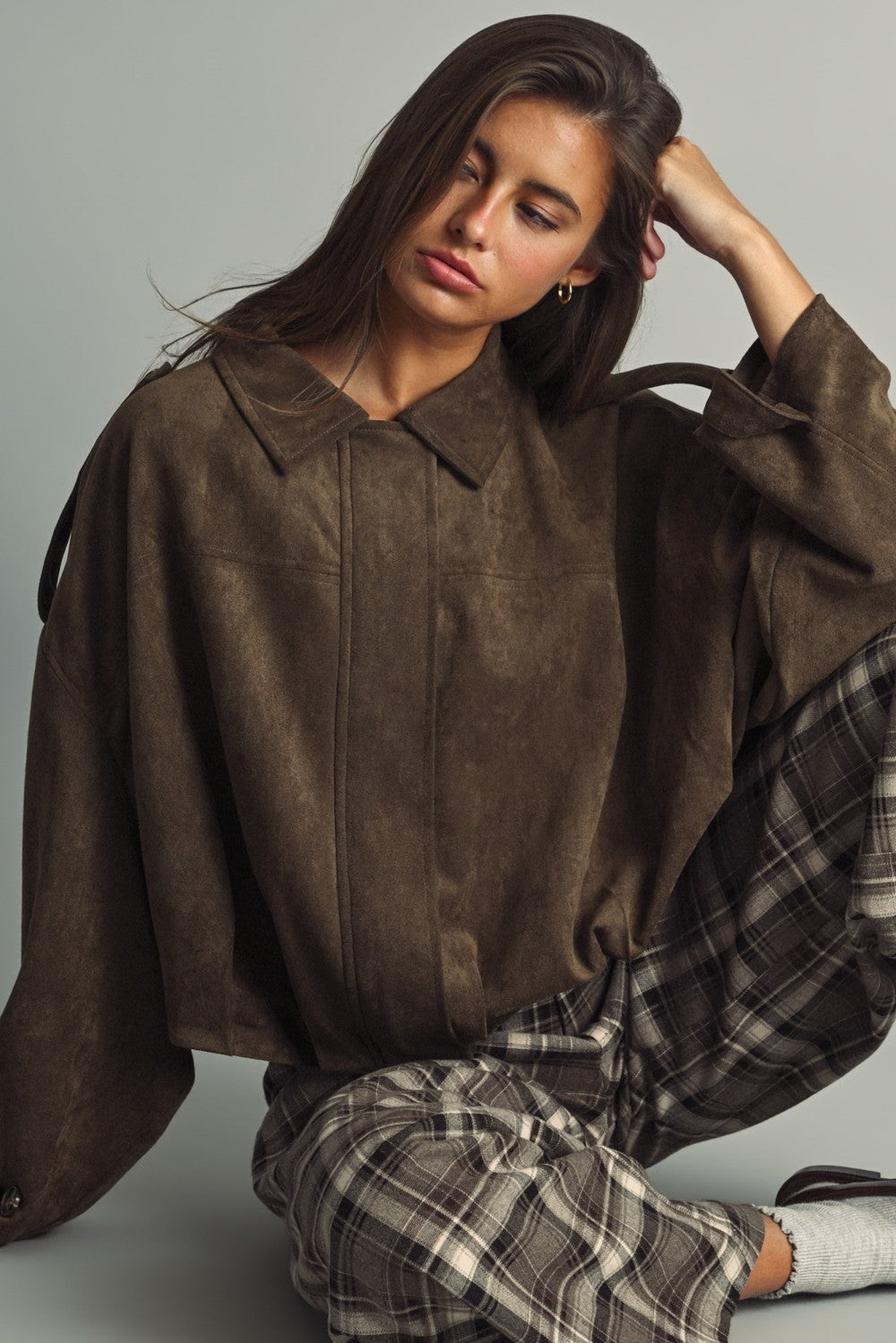 Suede Pleated Jacket — Olive