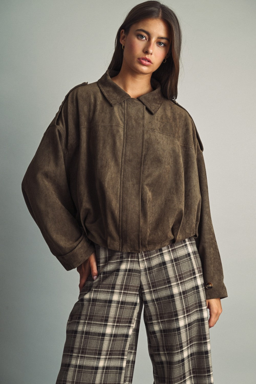 Suede Pleated Jacket — Olive