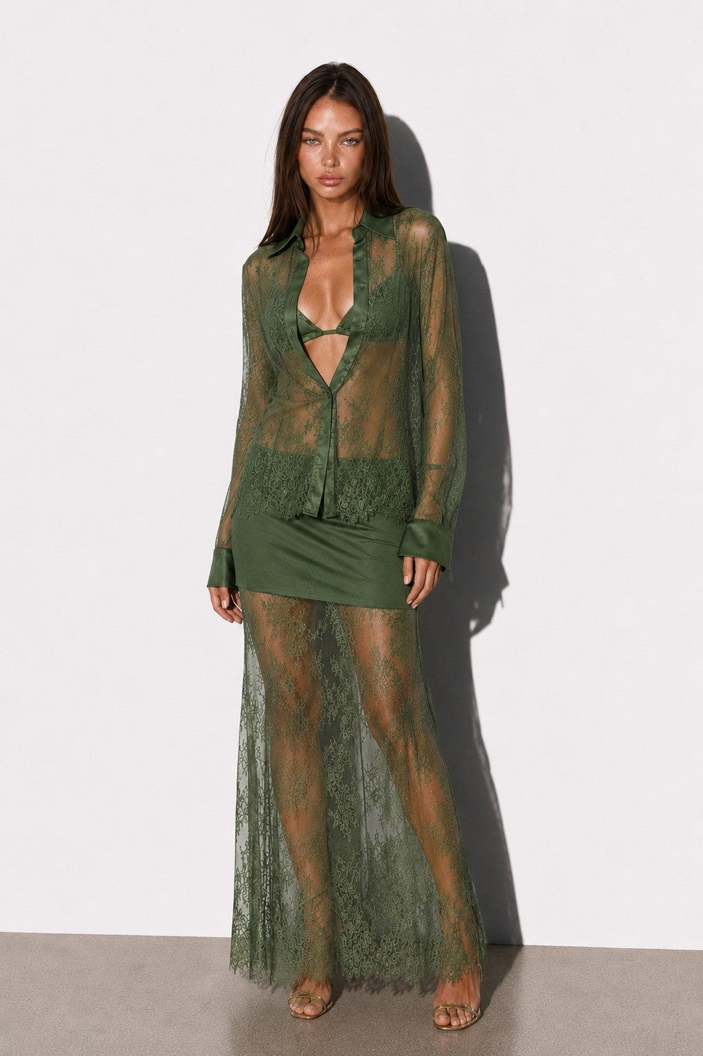 Scallop Floral Lace Top, Maxi Skirt & Bralette 3-Piece Set — Olive