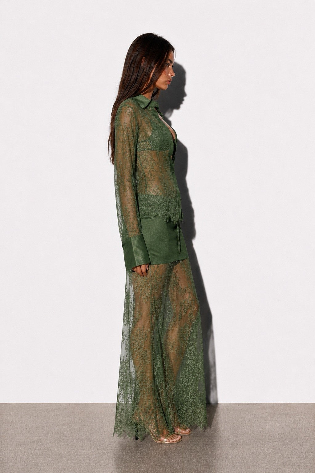 Scallop Floral Lace Top, Maxi Skirt & Bralette 3-Piece Set — Olive