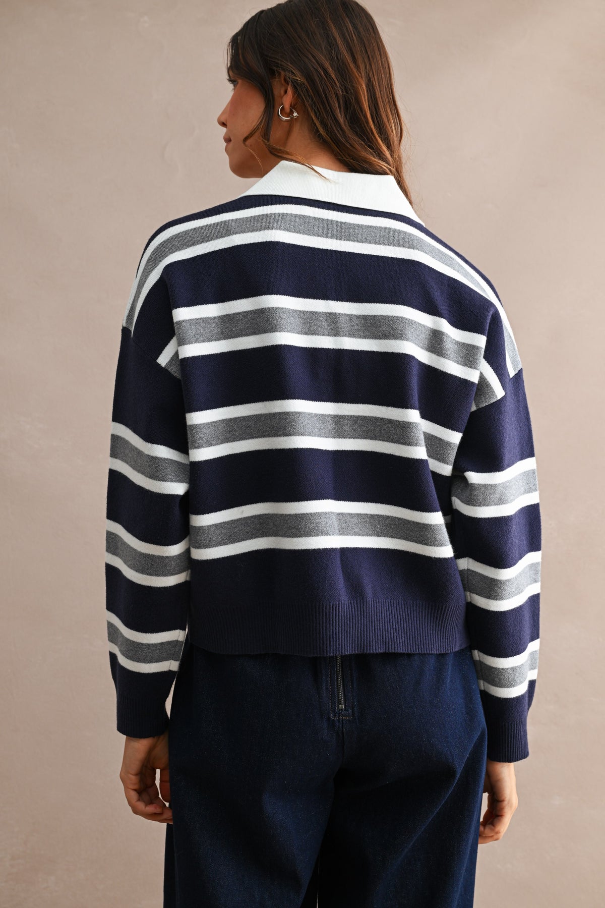 Striped Collar Oversized Sweater Top — Navy