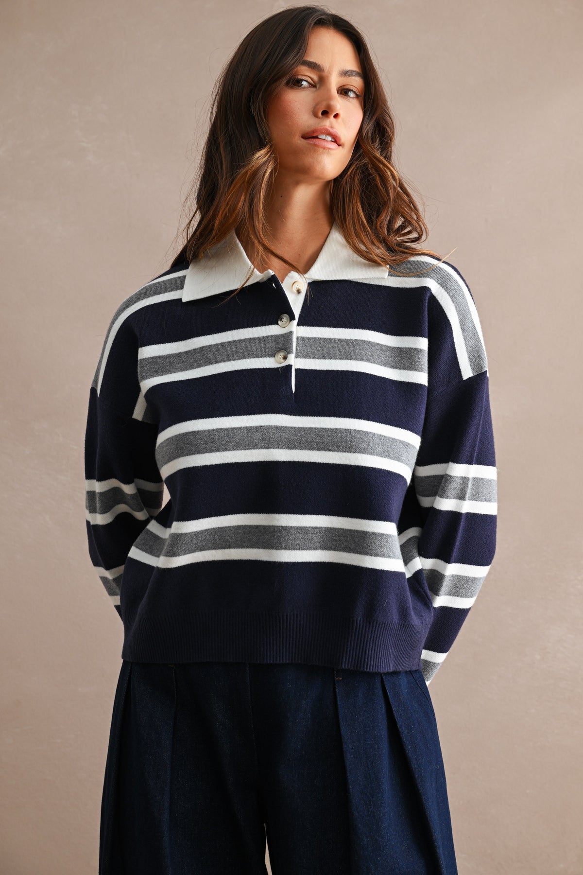 Striped Collar Oversized Sweater Top — Navy