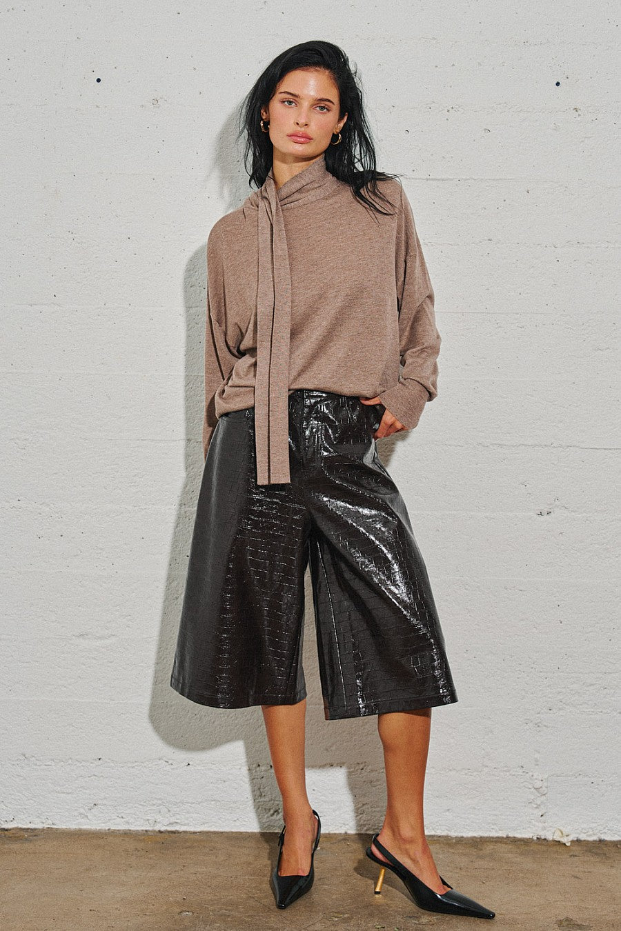Leather Wide-Leg Bermuda Shorts — Espresso