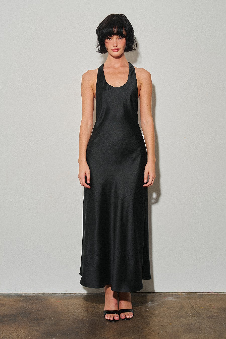 Woven Racerback Bias Satin Maxi Dress — Black