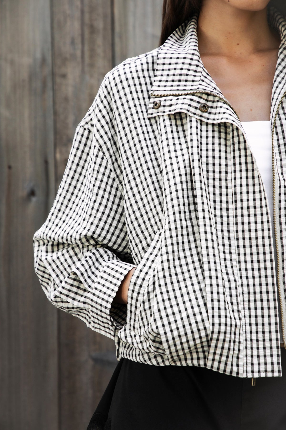 Margot Plaid Gingham Zip-Up Bomber Jacket — Cream Black