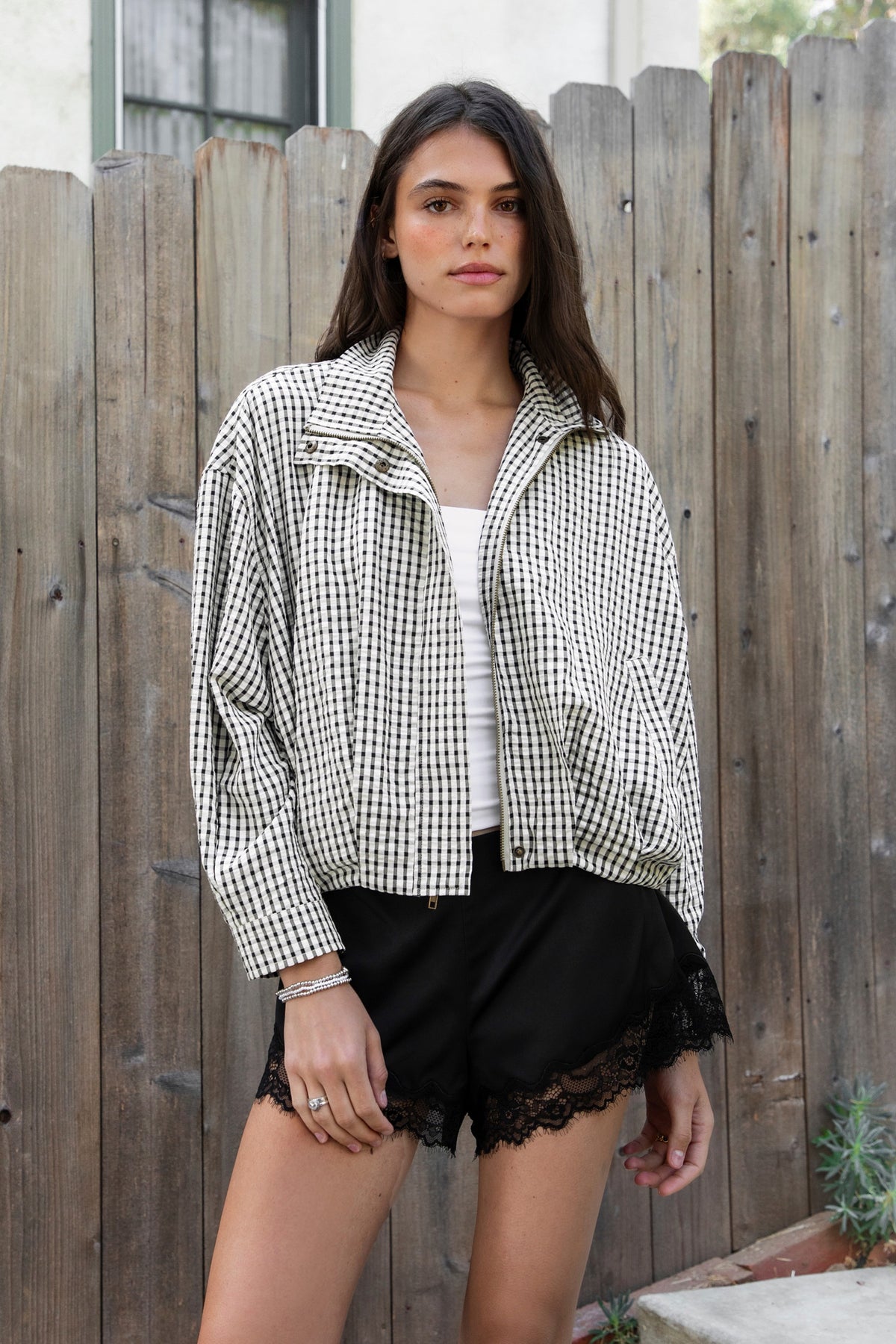 Margot Plaid Gingham Zip-Up Bomber Jacket — Cream Black