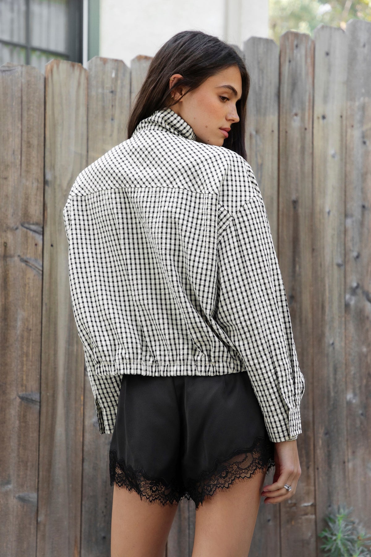 Margot Plaid Gingham Zip-Up Bomber Jacket — Cream Black
