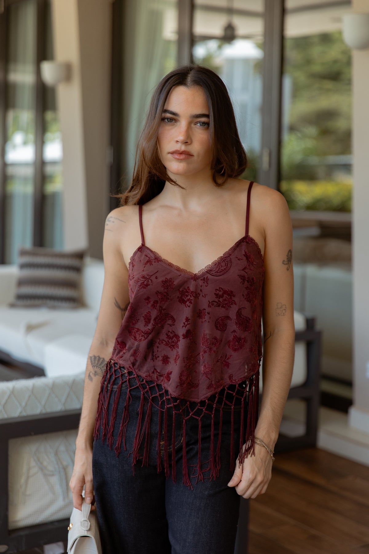 Macrame Fringe Velvet Flocked Mesh Top — Burgundy