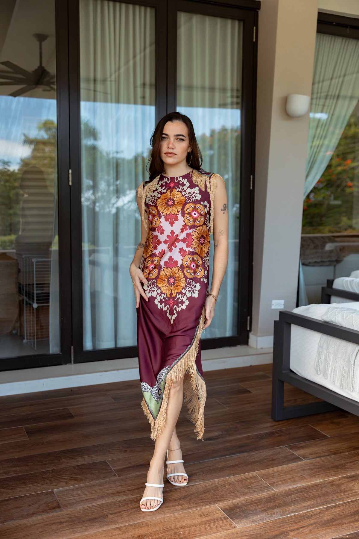 Printed Fringe Midi Dress — Burgundy