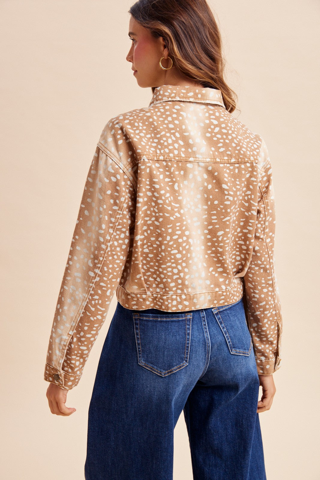 Deer Printed Cropped Denim Jacket — Camel